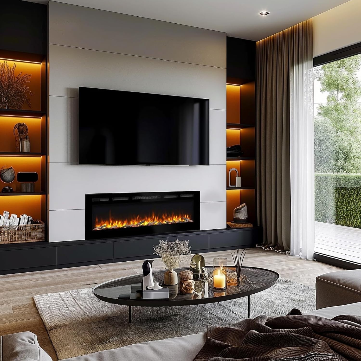 60” Recessed Wall Electric Fireplace Remote Control Log Crystal Flame Heat