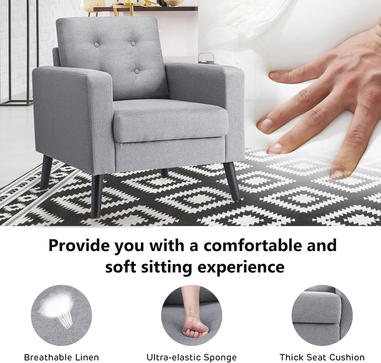 Grey Accent Armchair Button Tufted Linen Lounge Chair
