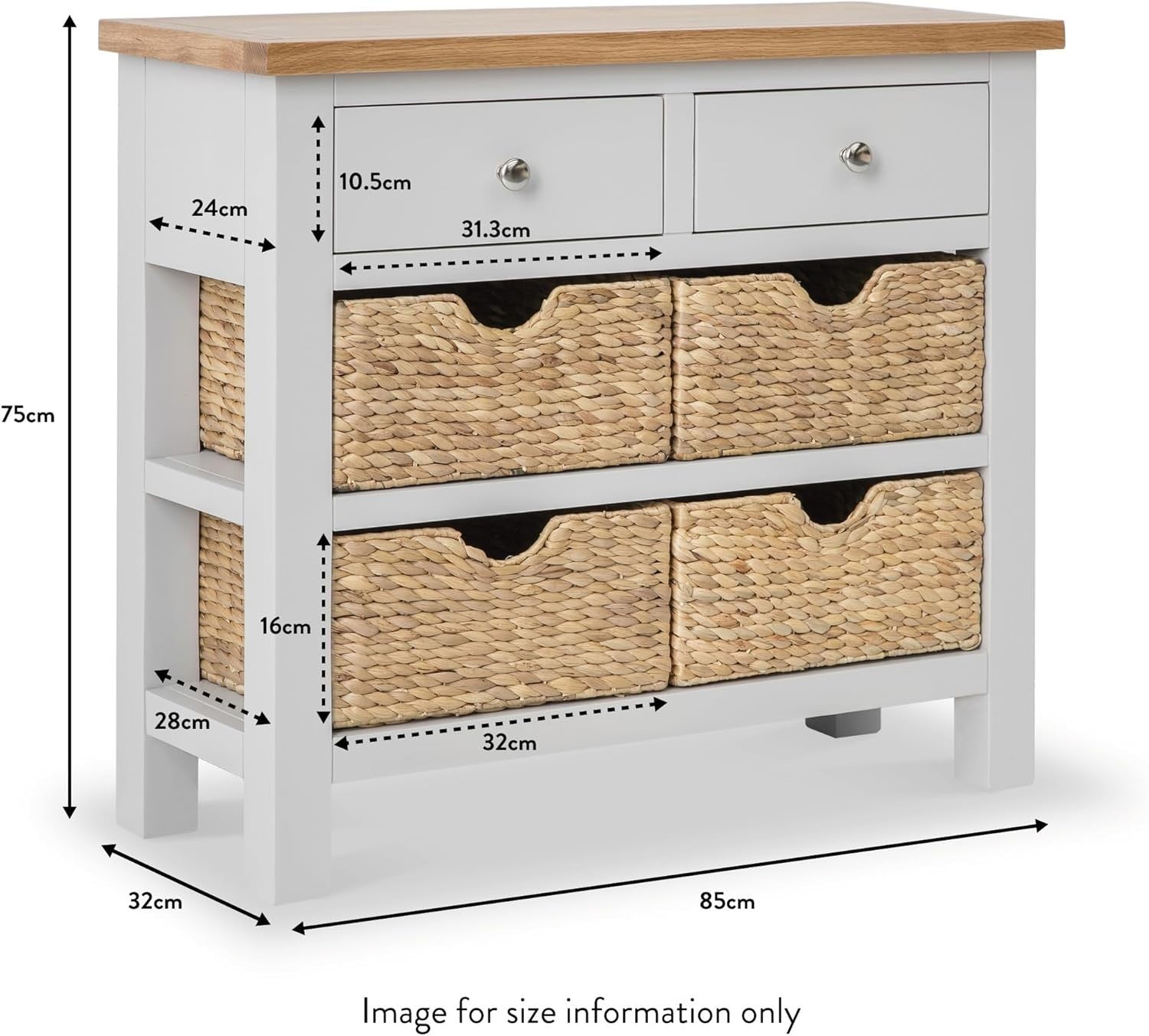 Slim Grey Console Table with Baskets – Oak Top Storage Unit for Hallway