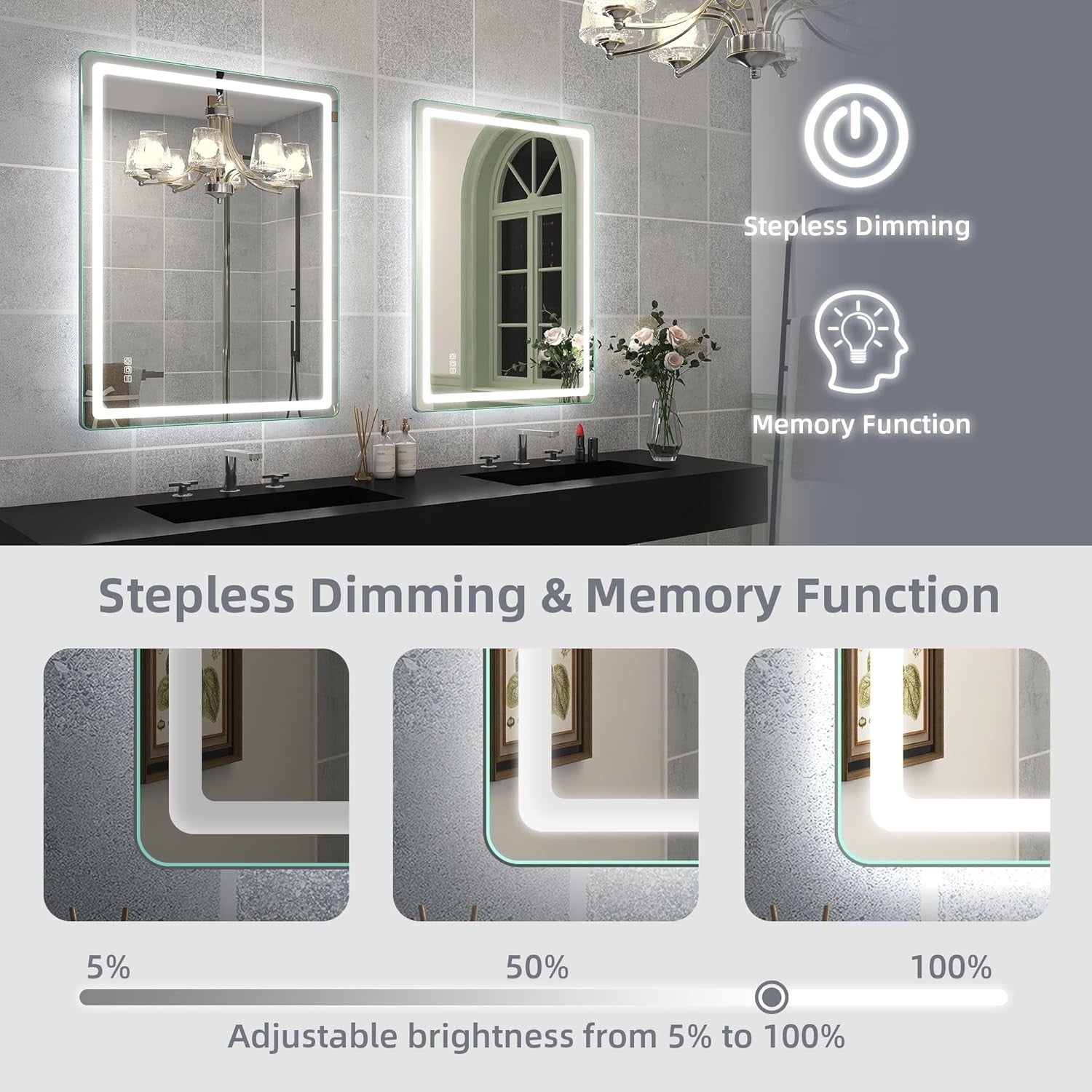 LED Bathroom Mirror 60x80 cm Silver Frame, Dual Light, Anti-Fog, Dimmable