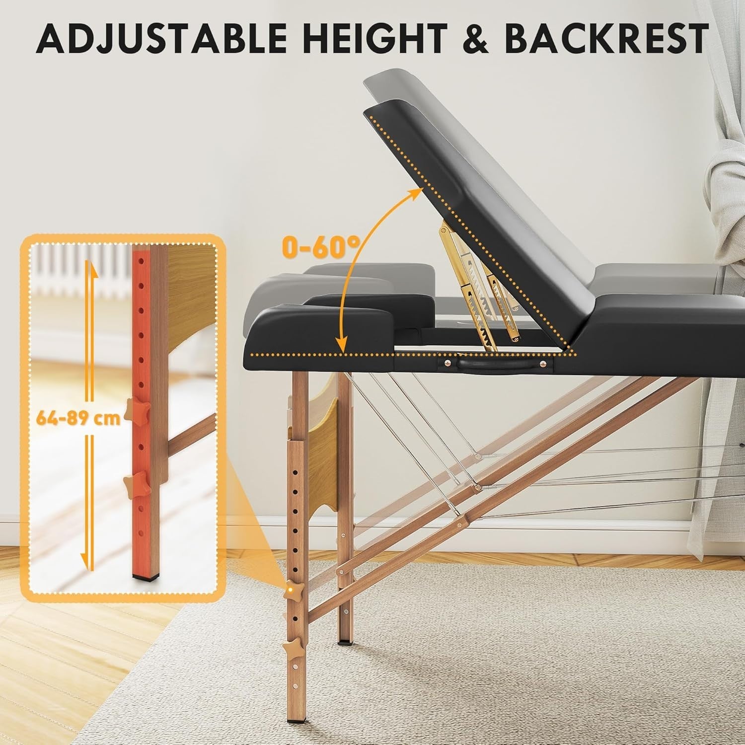 Portable 3-Section Massage Table Adjustable Wooden Beauty Bed w/ Face Cradle