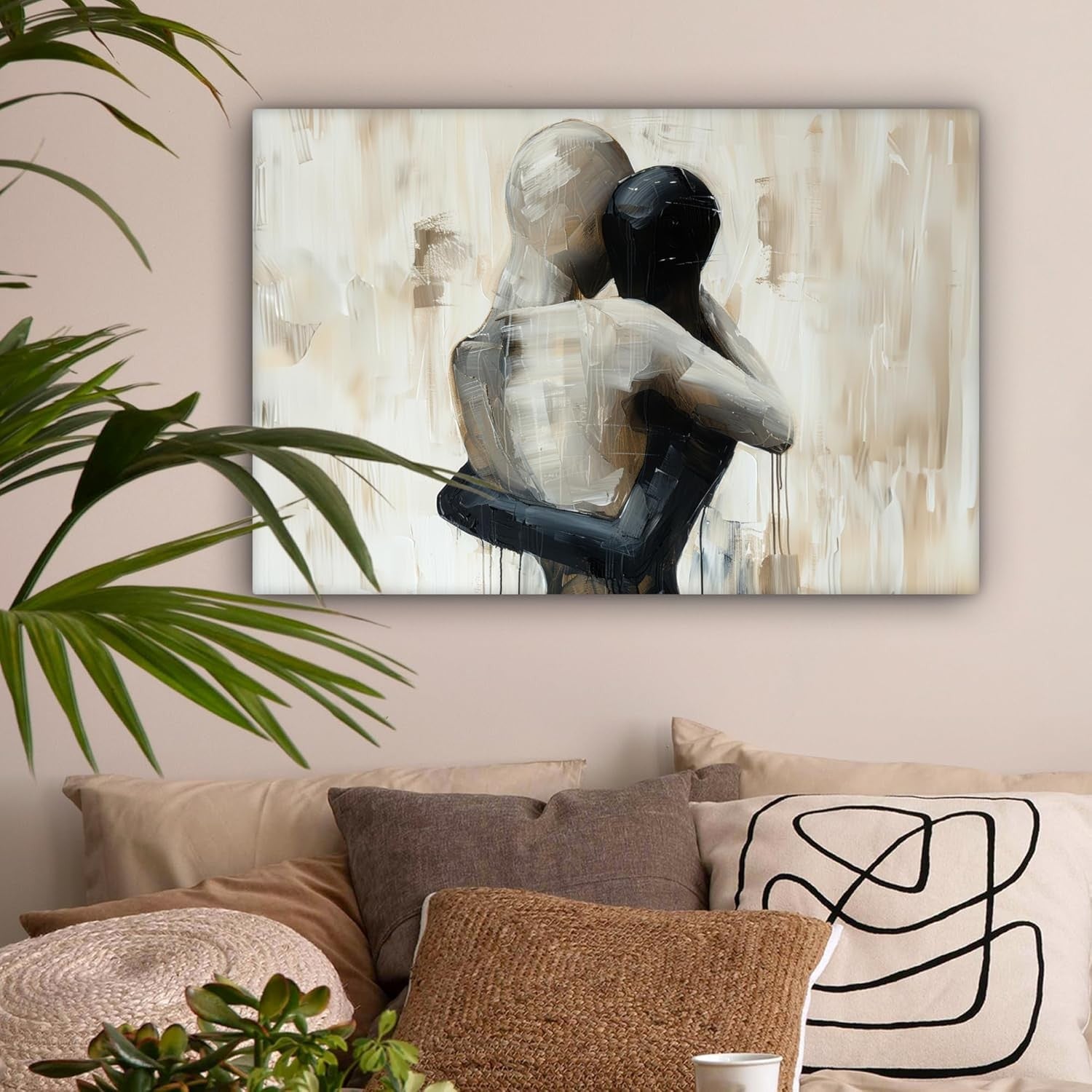 Abstract Couple Canvas Wall Art 60x40cm Framed Beige Modern
