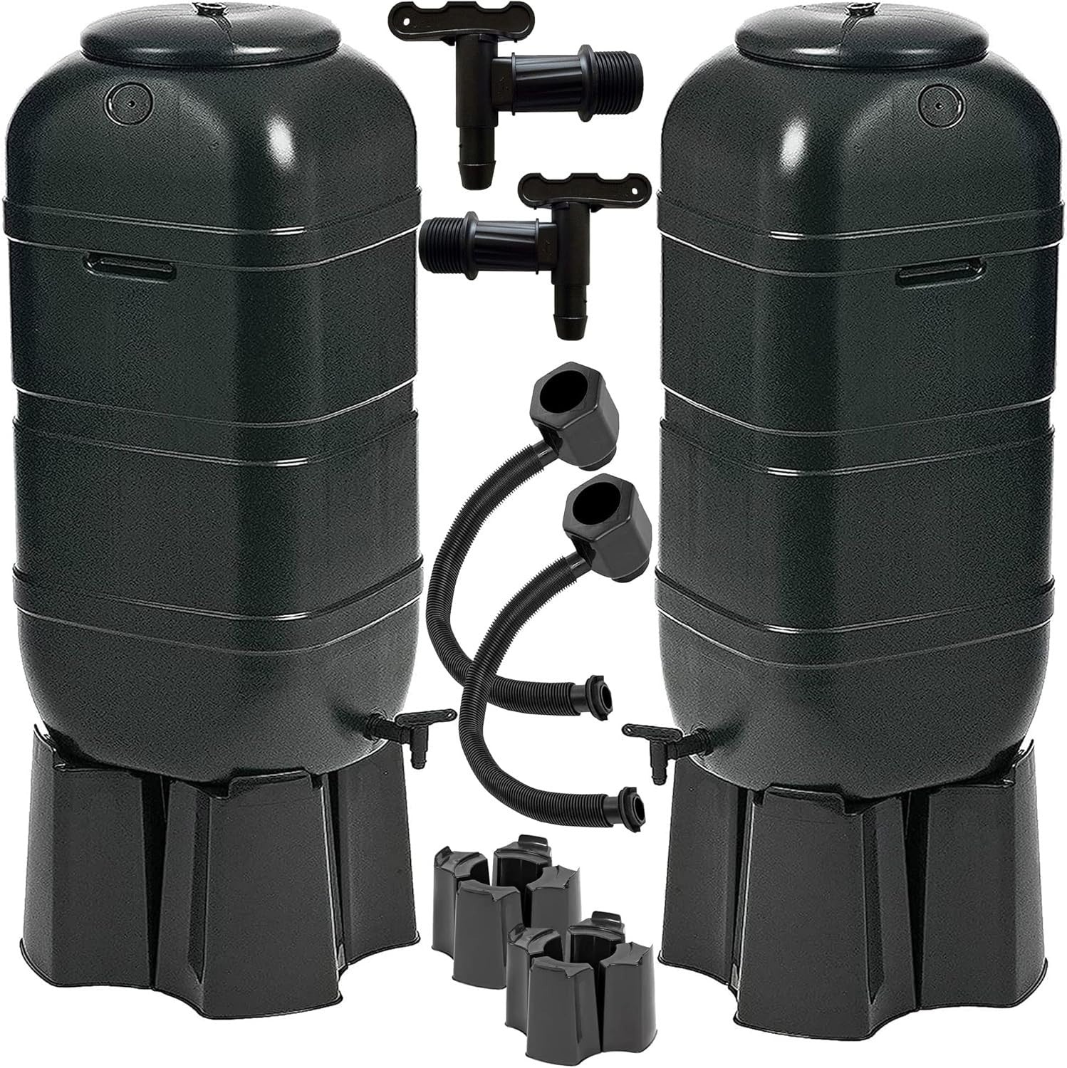 2x 100L Slim Line Garden Rainwater Butts With Taps Stands & Diverter Kits