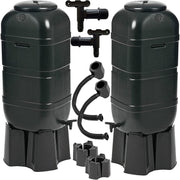 2x 100L Slim Line Garden Rainwater Butts With Taps Stands & Diverter Kits