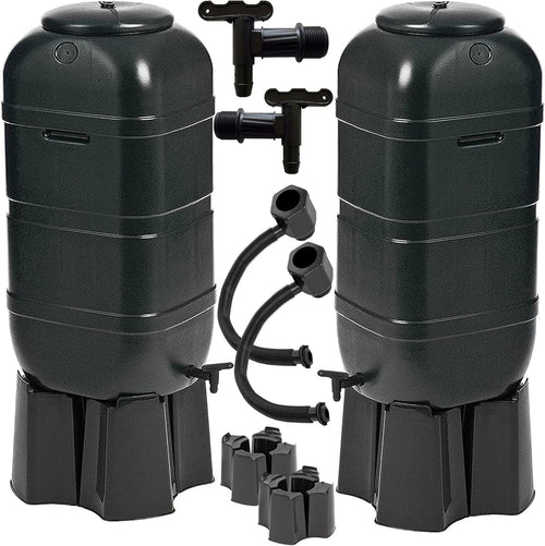 2x 100L Slim Line Garden Rainwater Butts With Taps Stands & Diverter Kits