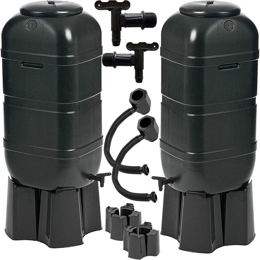 2x 100L Slim Line Garden Rainwater Butts With Taps Stands & Diverter Kits