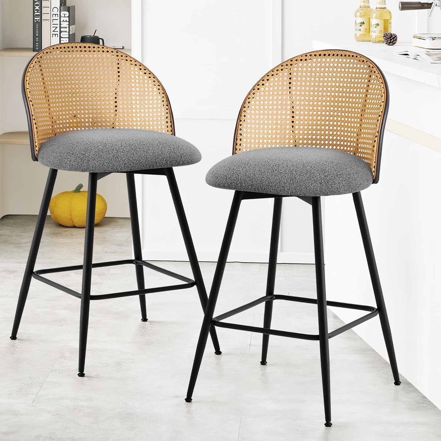 Swivel Bar Stools Set of 4 Rattan Back Upholstered Counter Height Kitchen Seats