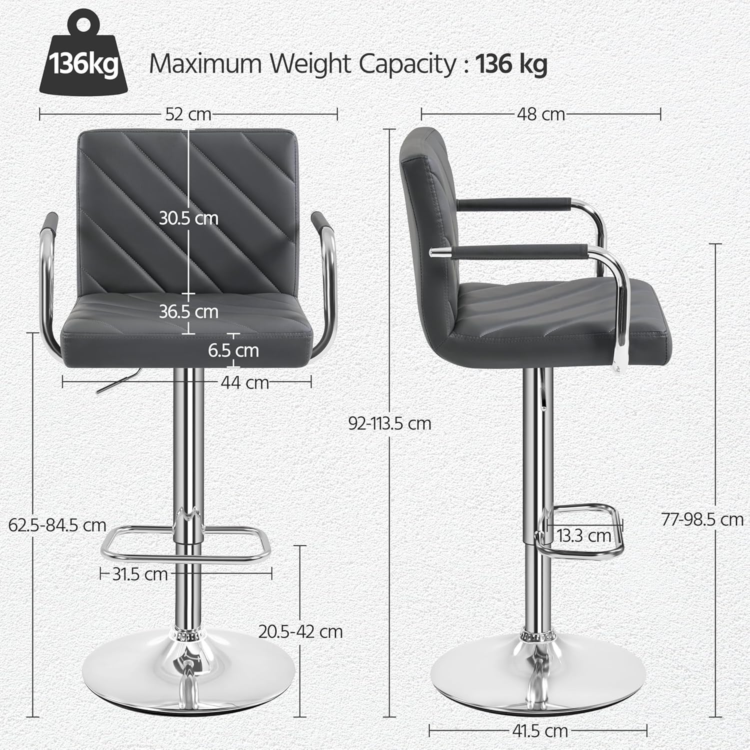Dark Grey Adjustable Swivel Bar Stools Set of 2 Faux Leather Armchairs
