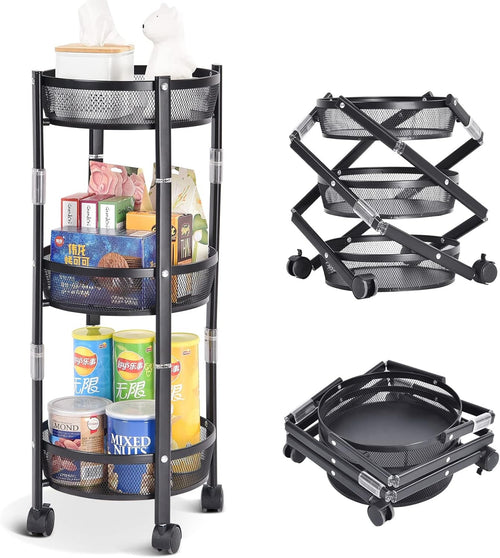 3 Tier Foldable Rolling Storage Cart Metal Trolley Lockable Wheels