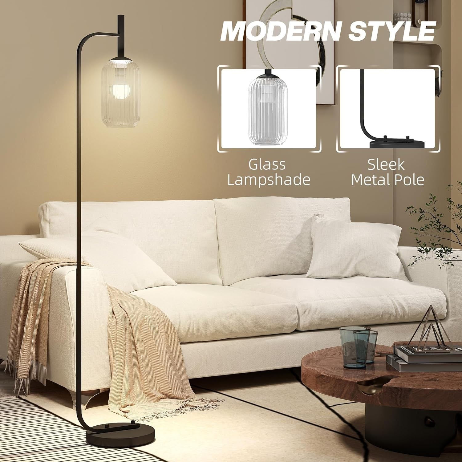 Modern Floor Lamp Glass Shade Standing Light Foot Switch Living Room Bedroom