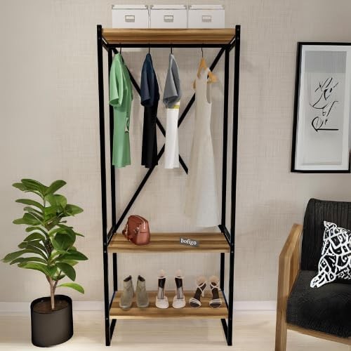 3-Tier Walnut Wooden Coat Rack & Shoe Storage Stand with Metal Frame – Entryway