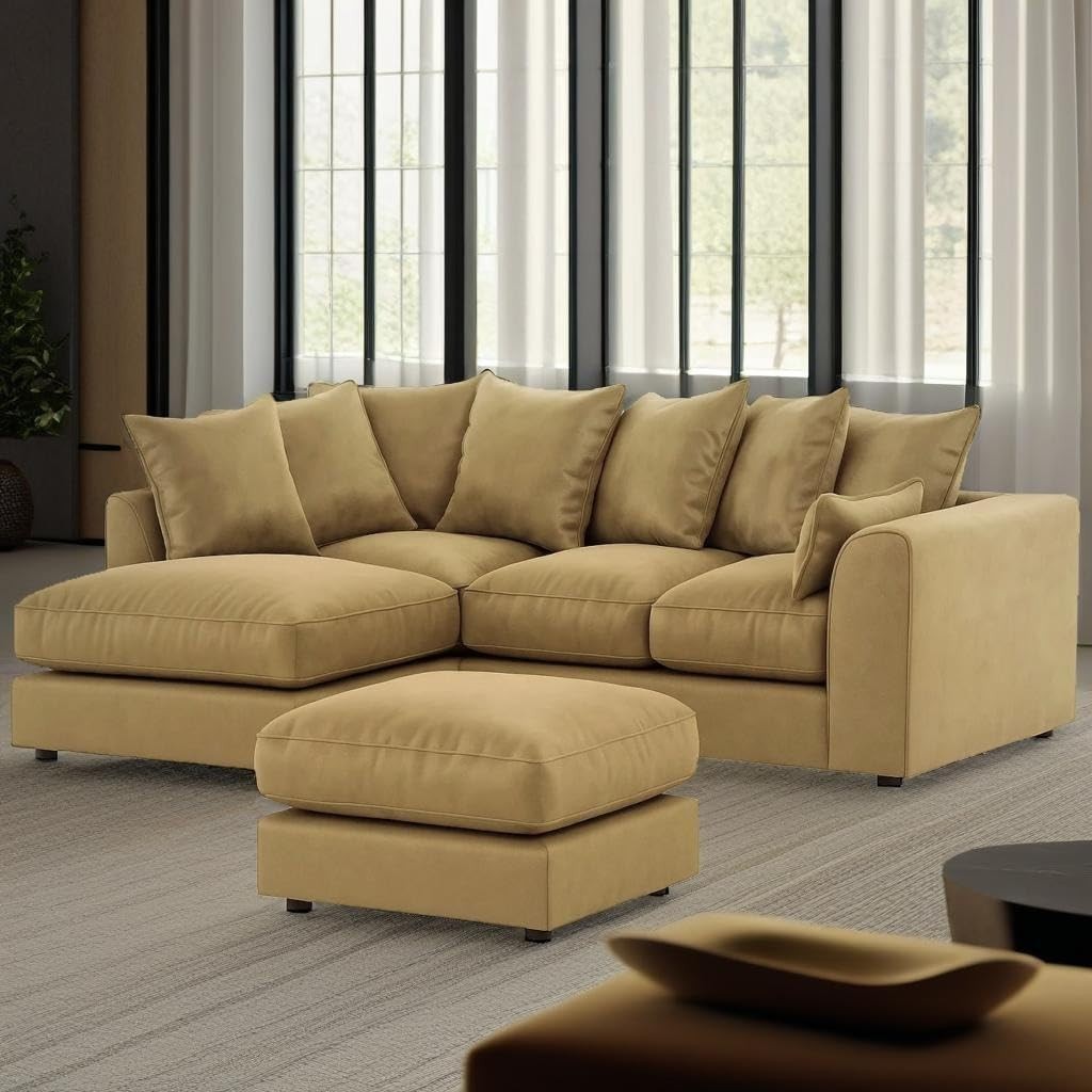 Plush Velvet L Shape 4 Seater Corner Sofa with Footstool - Mink Fabric