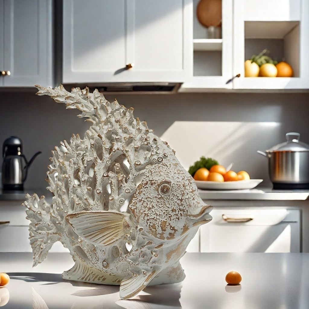 Coastal Coral Reef Angelfish Sculpture • White Resin Ornament • Beach Style