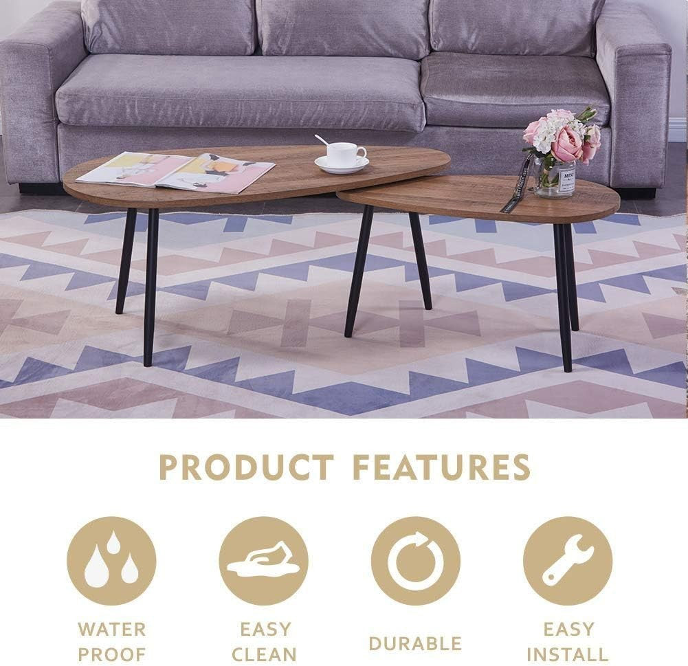 Walnut Triangle Coffee Table Set 2-Piece Modern Composite Top Metal Legs