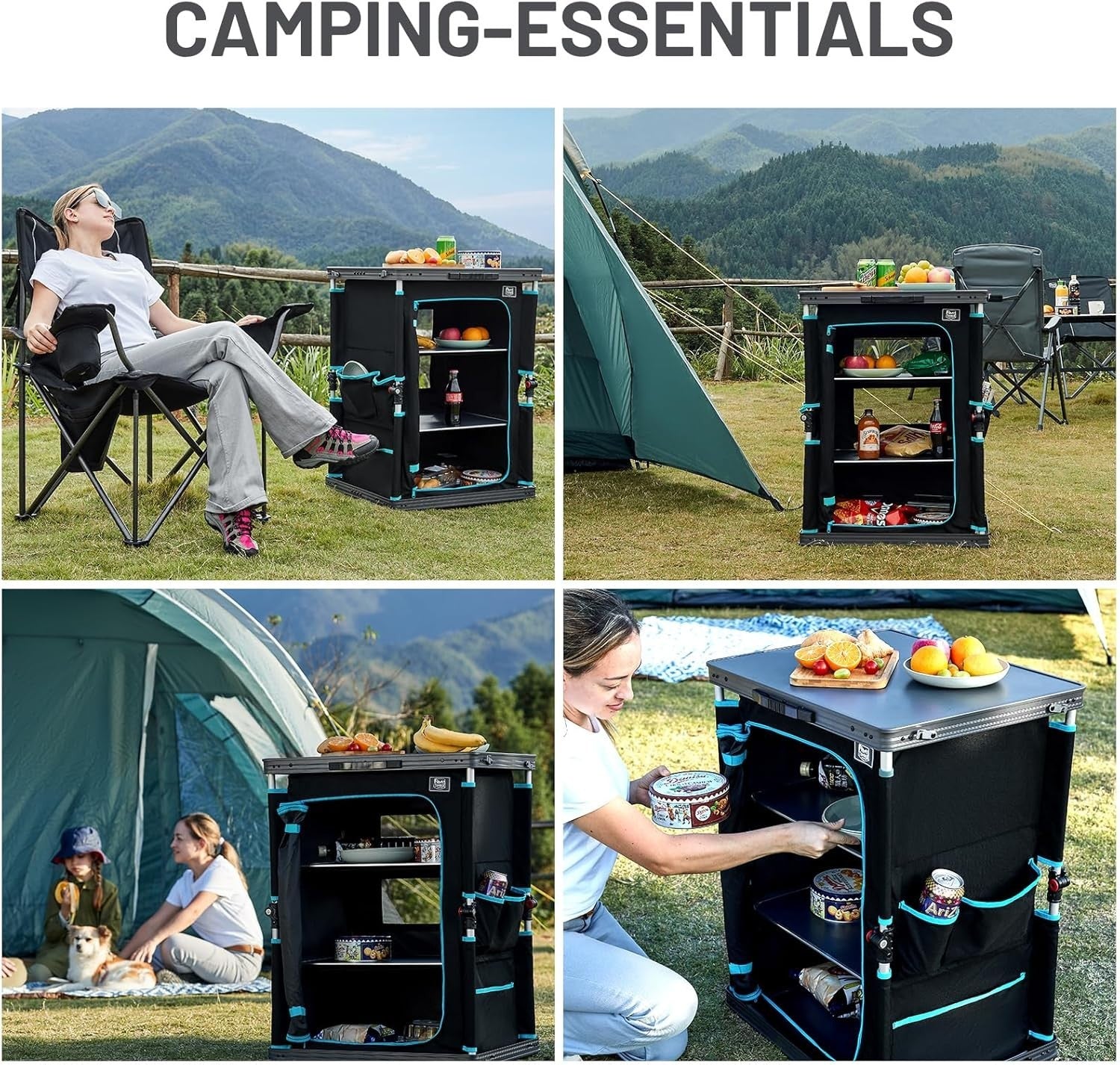 Folding Camping Kitchen Cupboard 3-Shelf Unit Storage Table 30kg