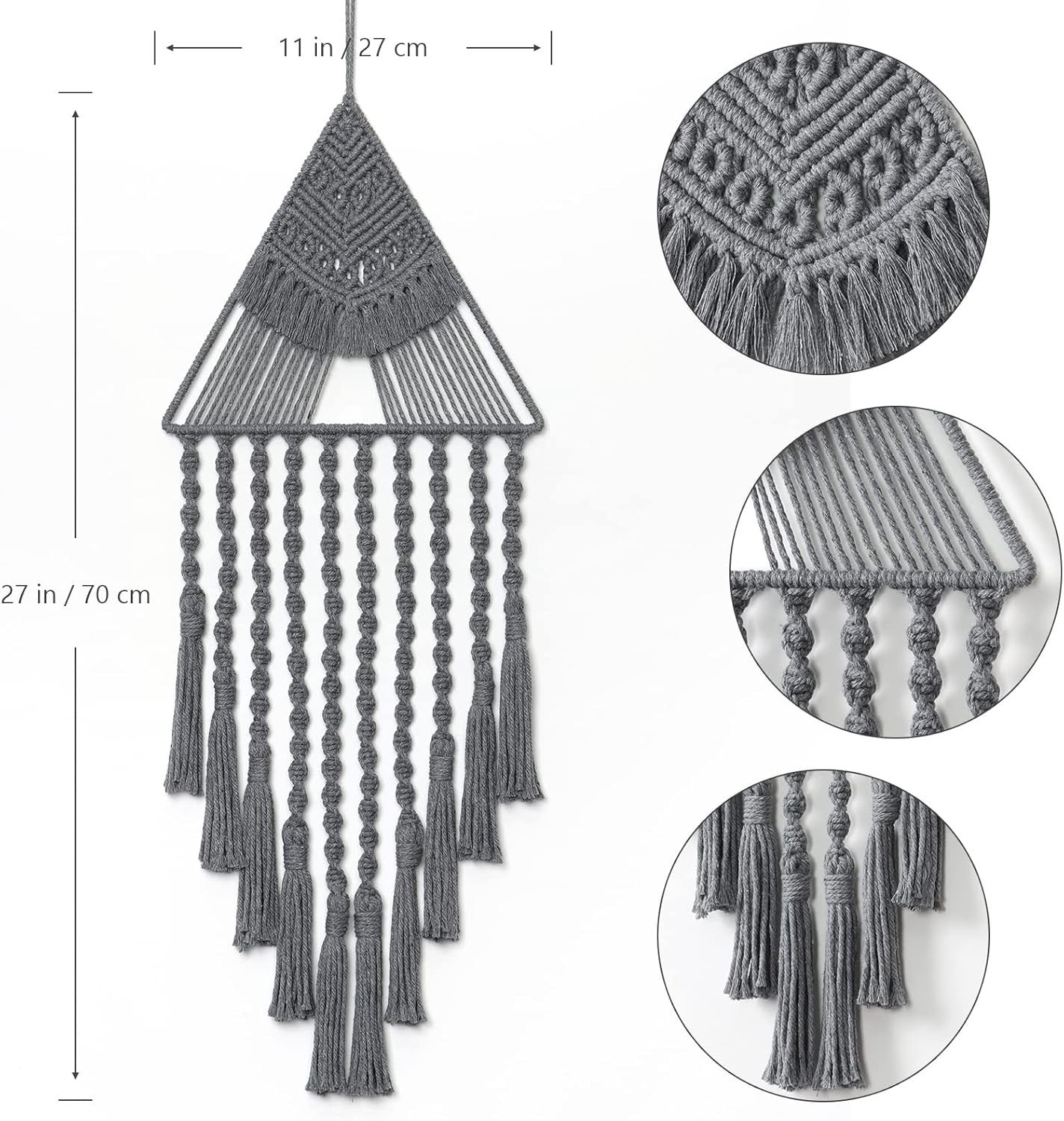 Grey Boho Triangle Macrame Wall Hanging 27" Cotton Tassel