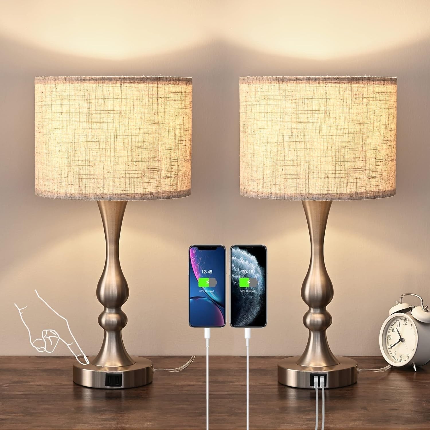 Dimmable Touch Table Lamps Set of 2 USB Charging Beige Linen Shade