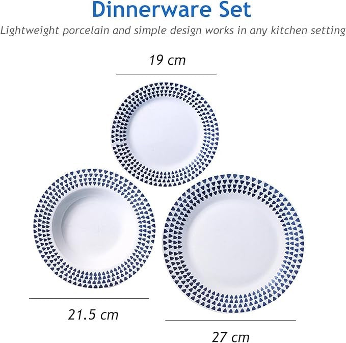 12pc White Ceramic Dinnerware Set Plates Bowls Service for 4 Blue Speckle