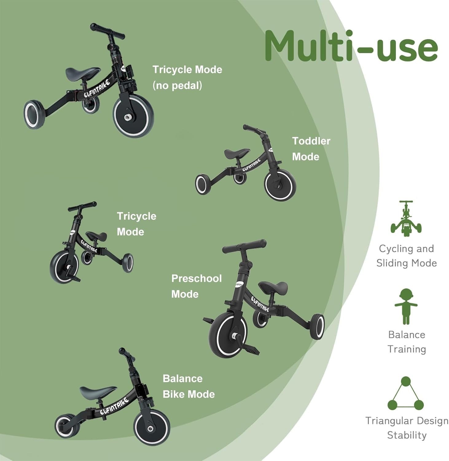 5 in 1 Toddler Tricycle Balance Bike Removable Pedals Kids 1-4 Years