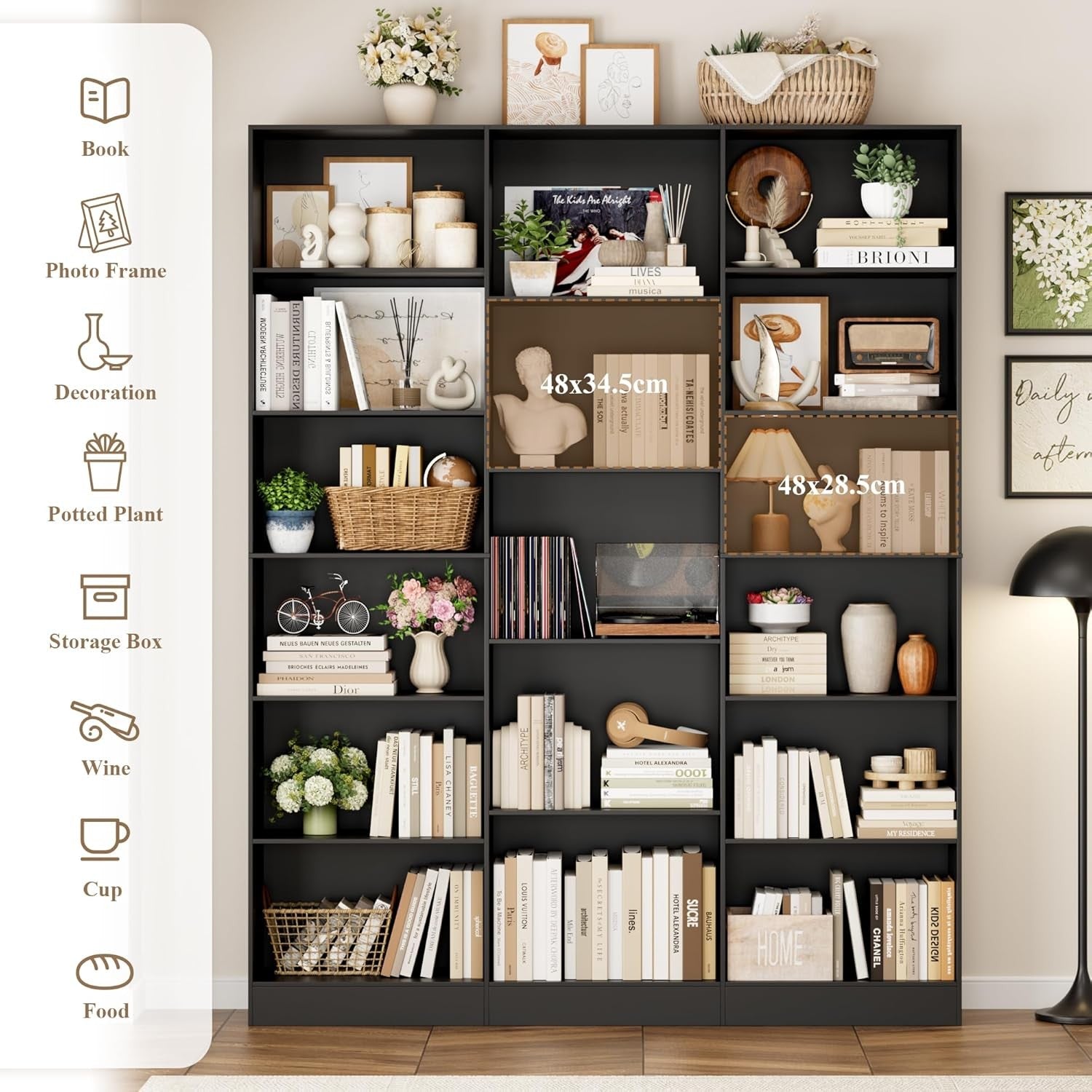 Tall Black 6-Tier Bookshelf with 17 Compartments Modern Display Storage Unit
