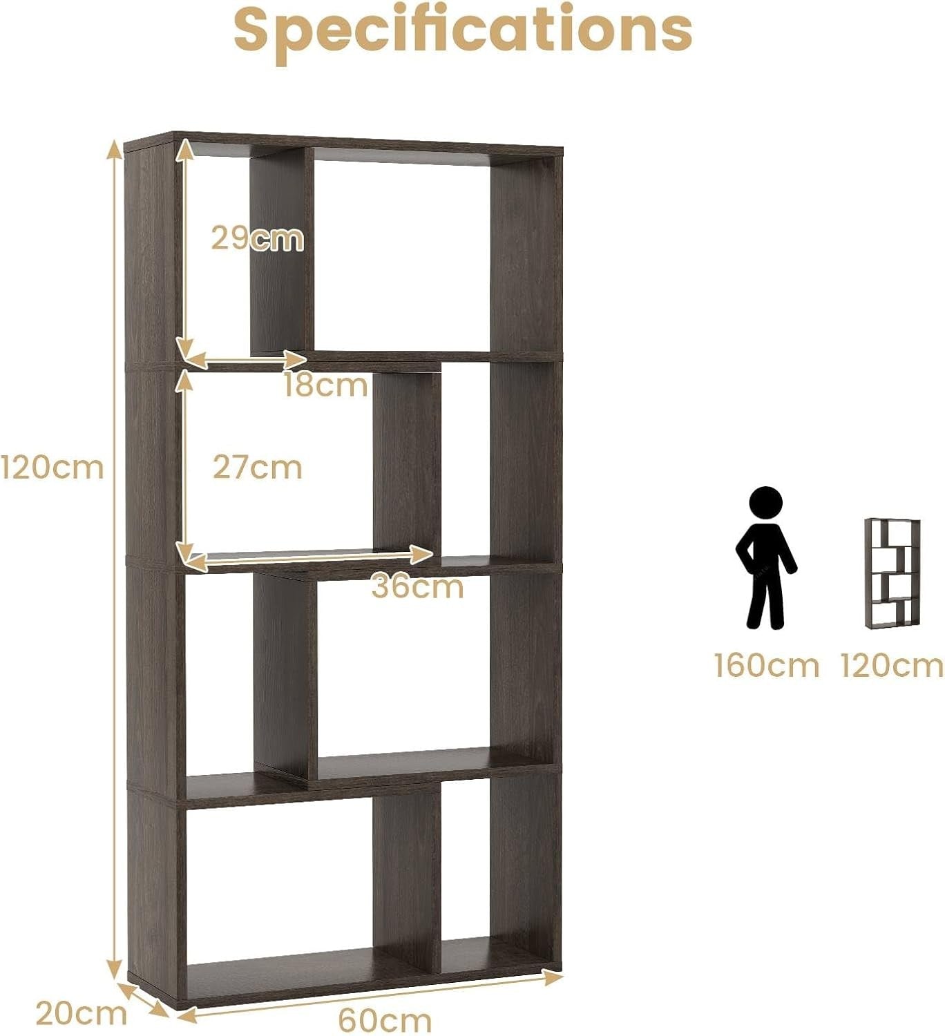 5-Tier Grey Geometric Bookcase Tall Cube Storage Shelf for Living Room Office