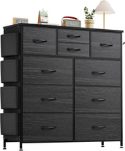 Black Wood Grain 10 Drawer Tall Chest with Fabric Drawers & Side Storage