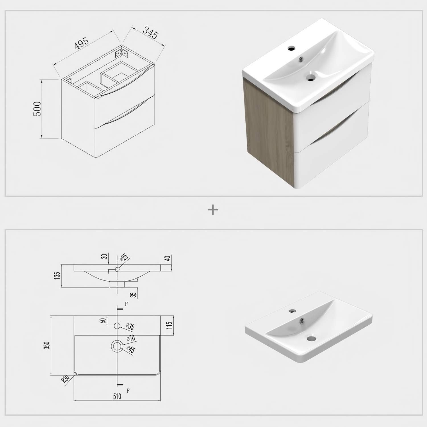 500mm Oak White Wall Hung Bathroom Vanity Unit with Basin 2 Drawer Sink Cabinet