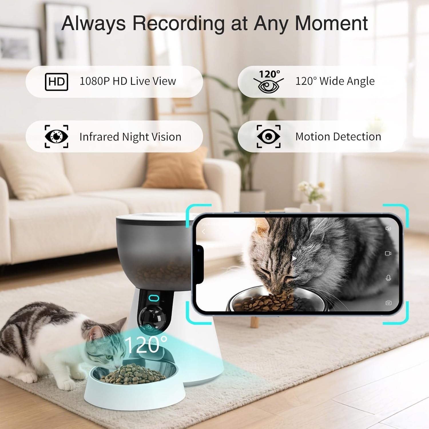 Smart Cat Feeder with Camera WiFi App Control 4L Auto Food Dispenser