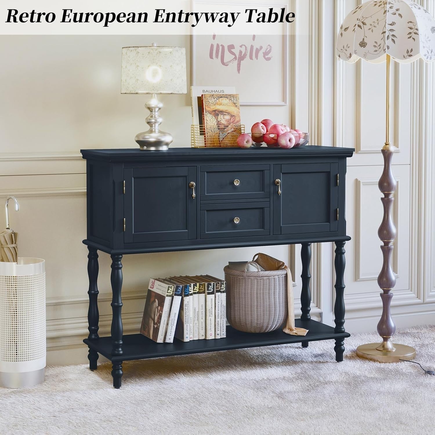 Retro Navy Blue Console Table with Storage Drawers & Shelf for Hallway