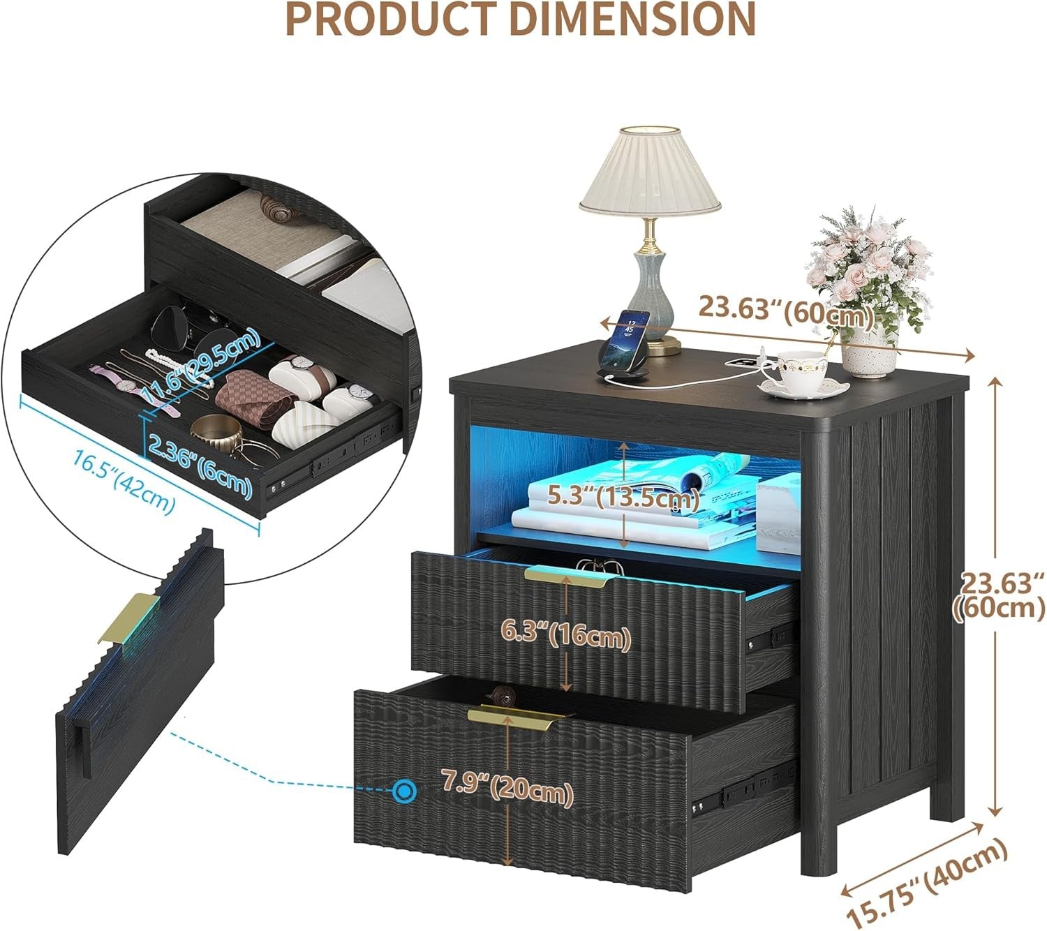 Set of 2 Black 24" Smart Bedside Tables with Charging Station, LED & 3 Drawers