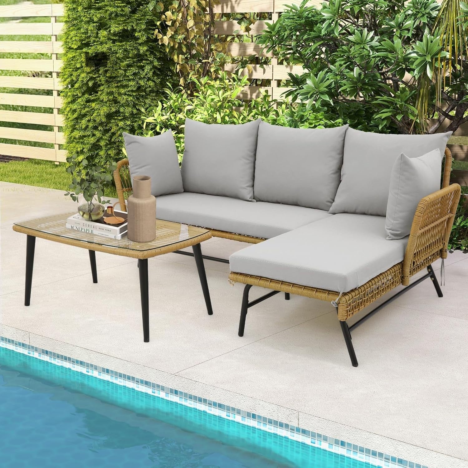 3PC L-Shaped Rattan Garden Corner Sofa Set Patio Lounge Glass Table Grey