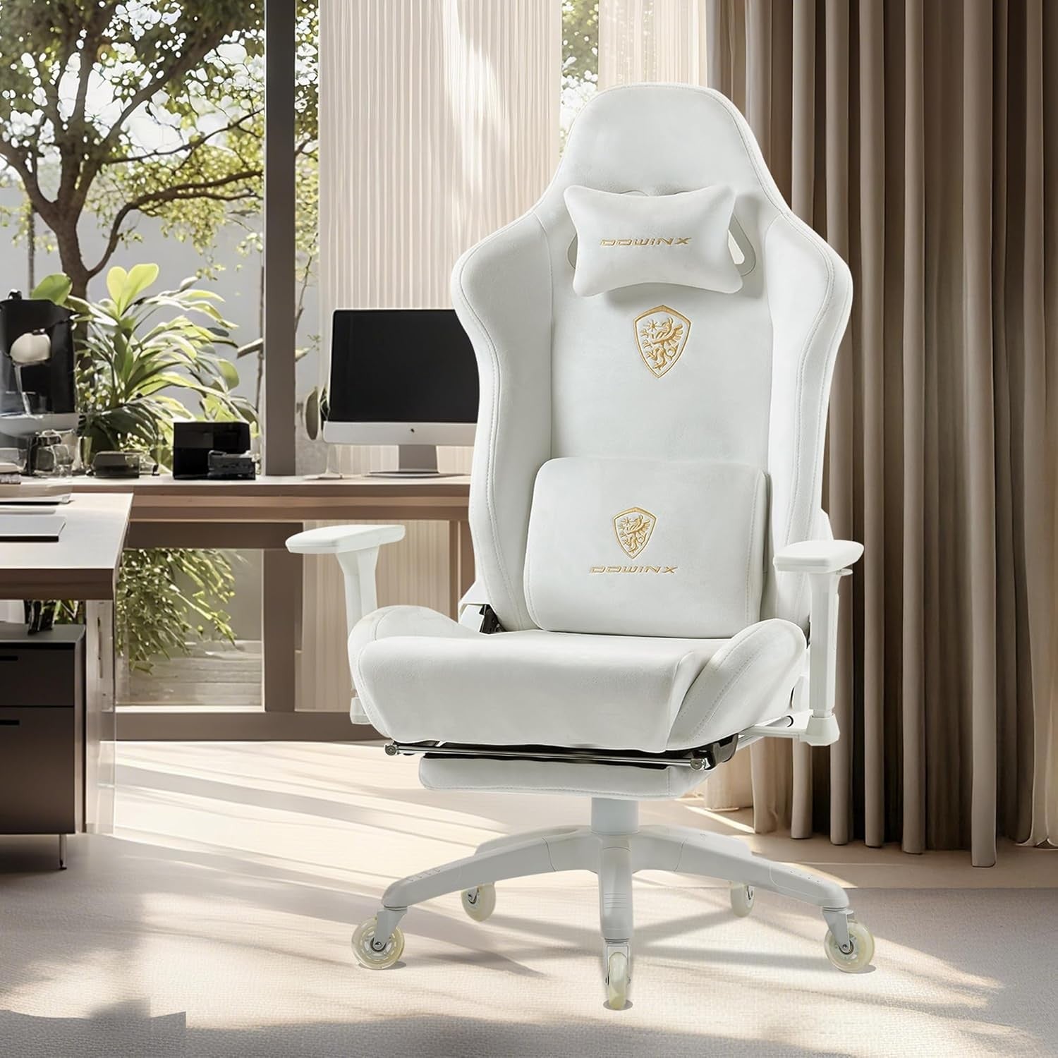 Ergonomic Gaming Chair with Footrest Microfibre Velour White