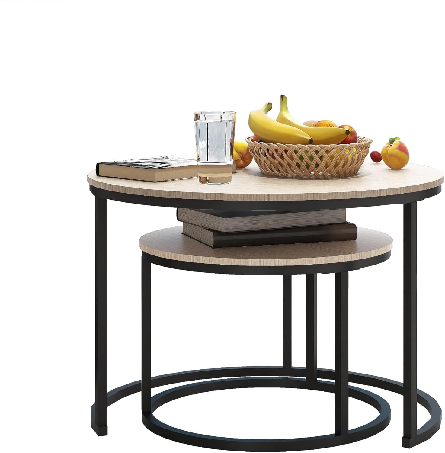 2-Piece Nesting Coffee Table Set Wood Metal Frame Small Space Living Room