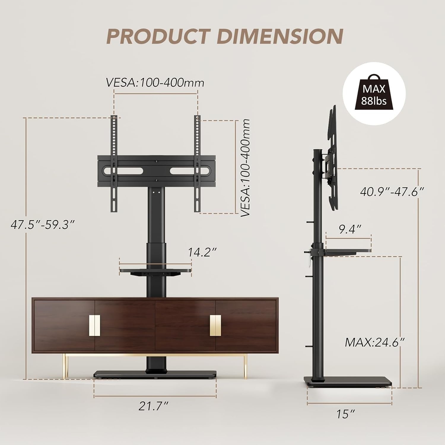 Height Adjustable Floor TV Stand 27–65" with Shelf & 70° Swivel Mount - Black