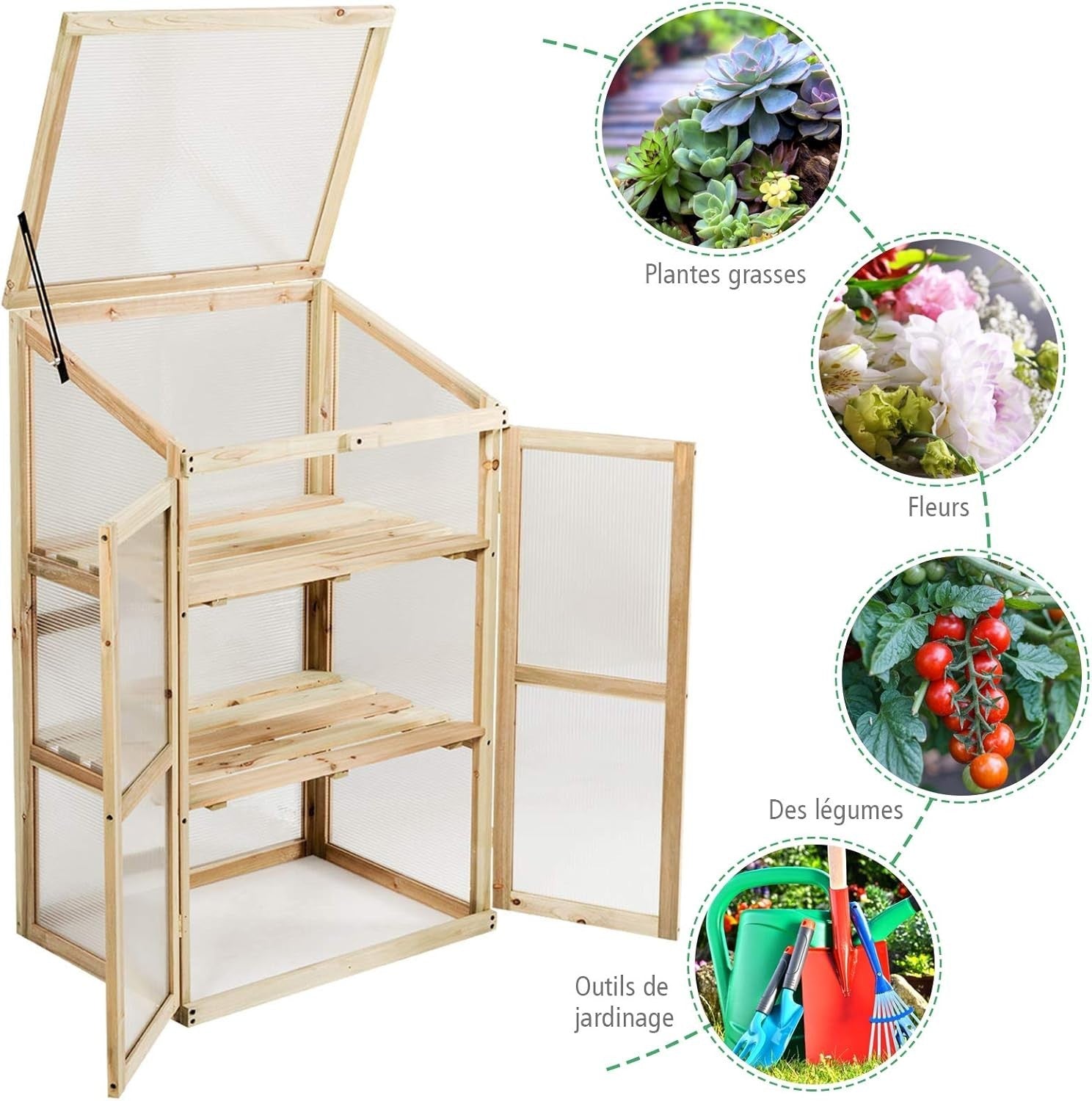 Mini Wooden Greenhouse 3-Tier Cold Frame with Doors & Skylight 60x45x100cm