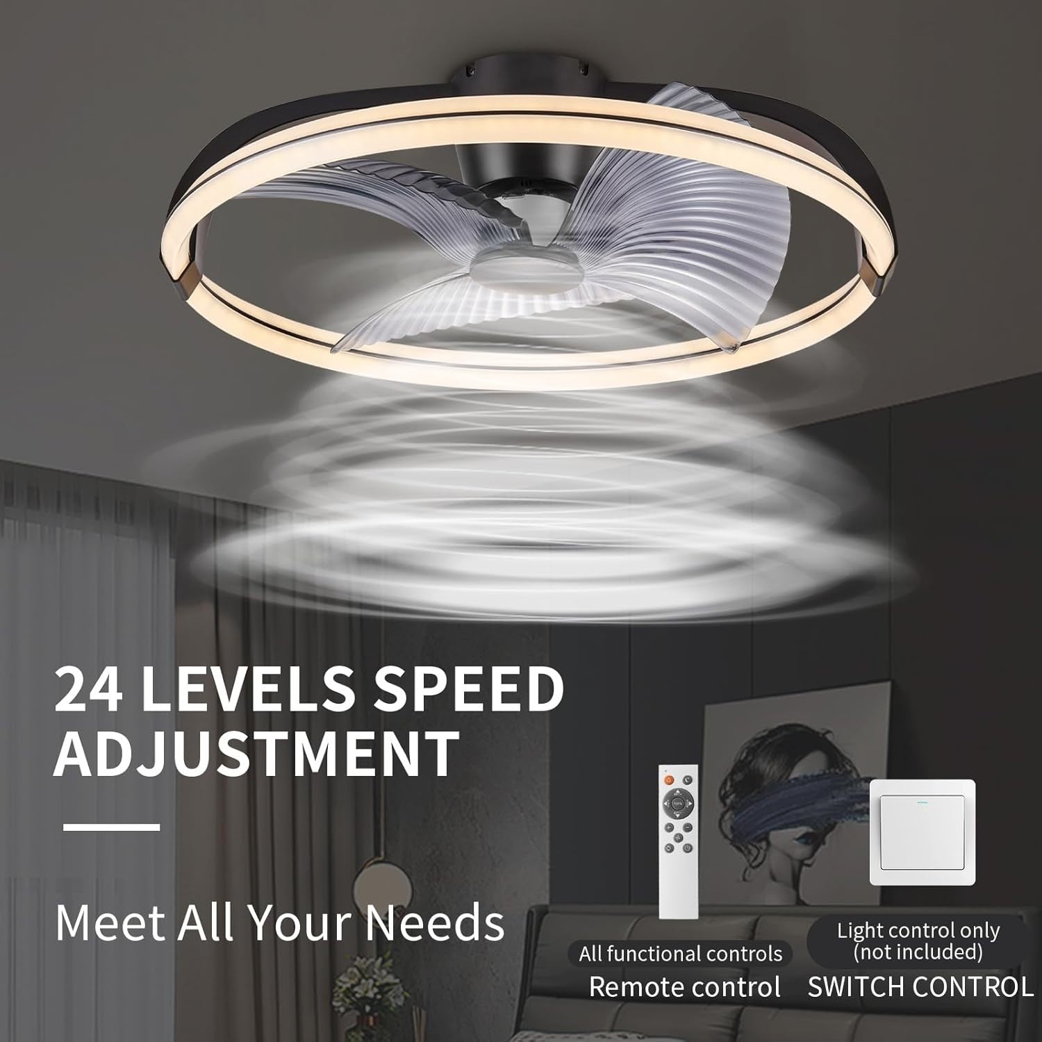 73CM Smart LED Ceiling Fan Light, Stepless Speed & Dimming, Black Matte