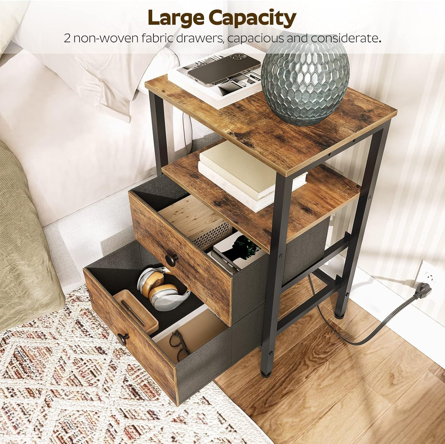 Set of 2 Rustic Bedside Tables with USB Charging Station 2 Drawers & Shelves