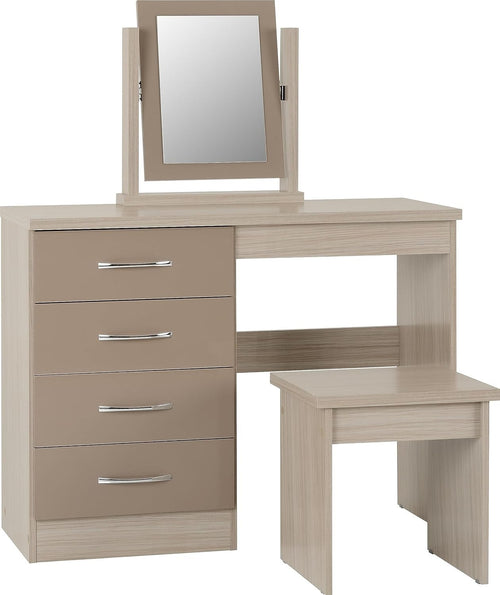 Modern Dressing Table Set Glass Top 4 Drawer Stool Mirror Light Oak Veneer
