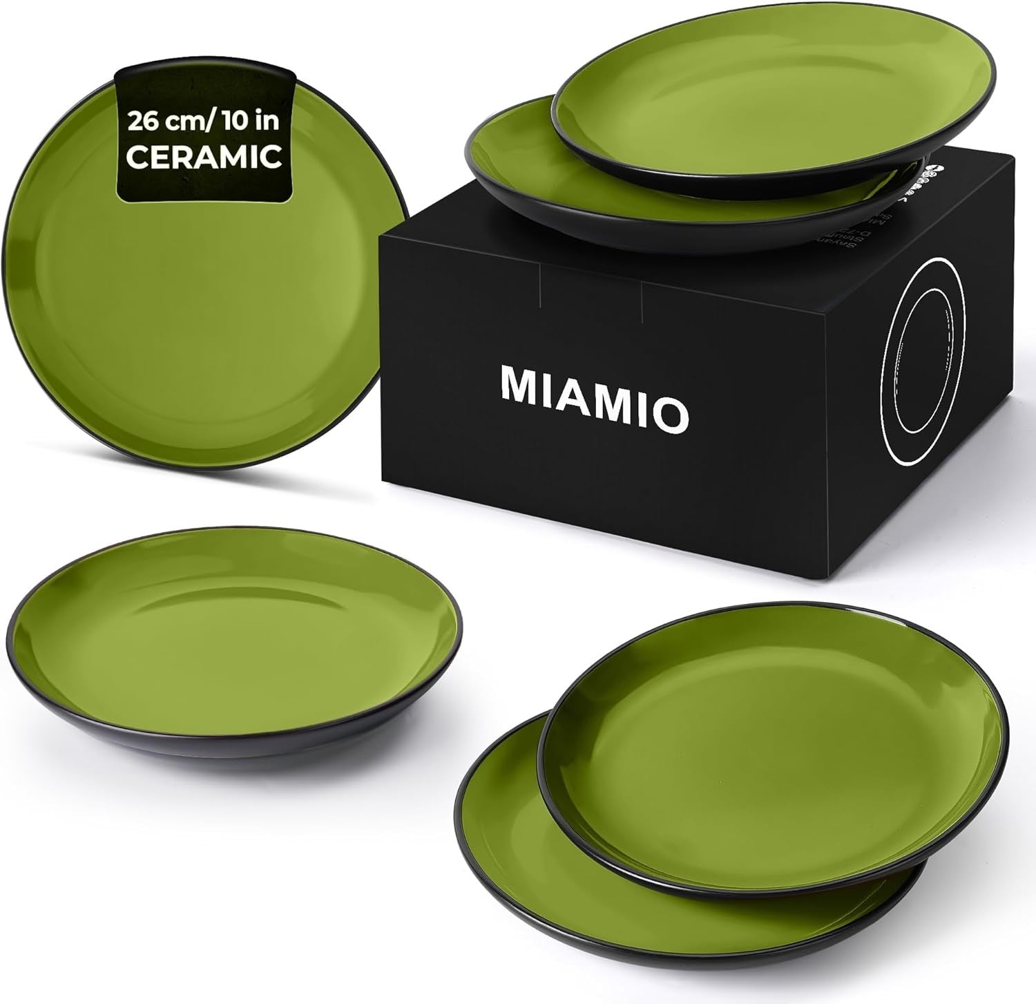 6x Dinner Plates Ceramic Stoneware 26cm Green Large Plates Modern Tableware