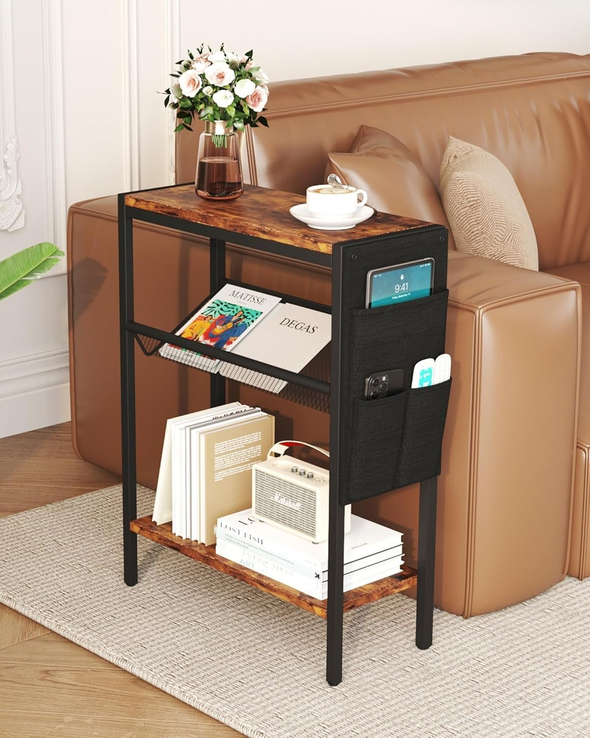 Slim 3-Tier Rustic Side Table with Storage Bag – Narrow Sofa Bedside Unit