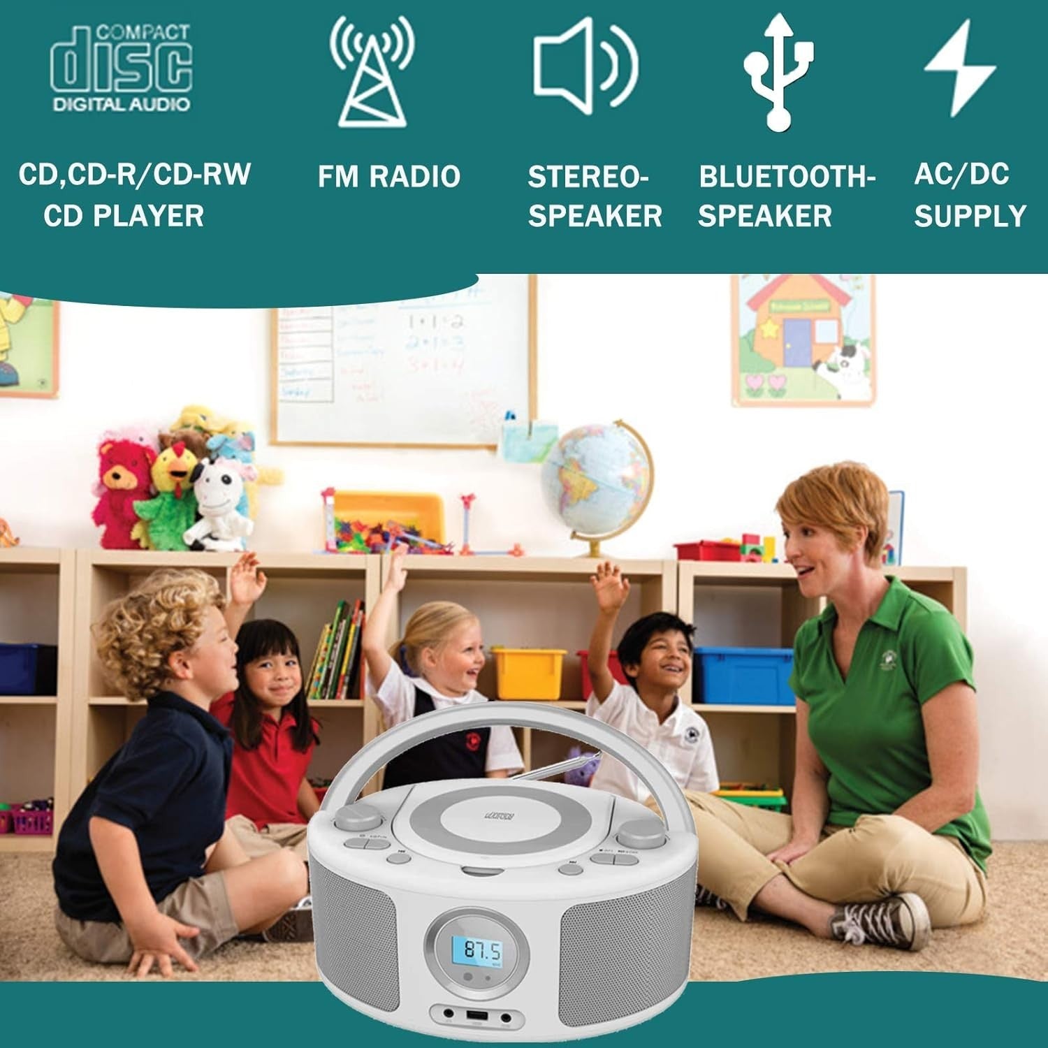 Portable CD Player Boombox Bluetooth FM Radio USB AUX Stereo Speaker