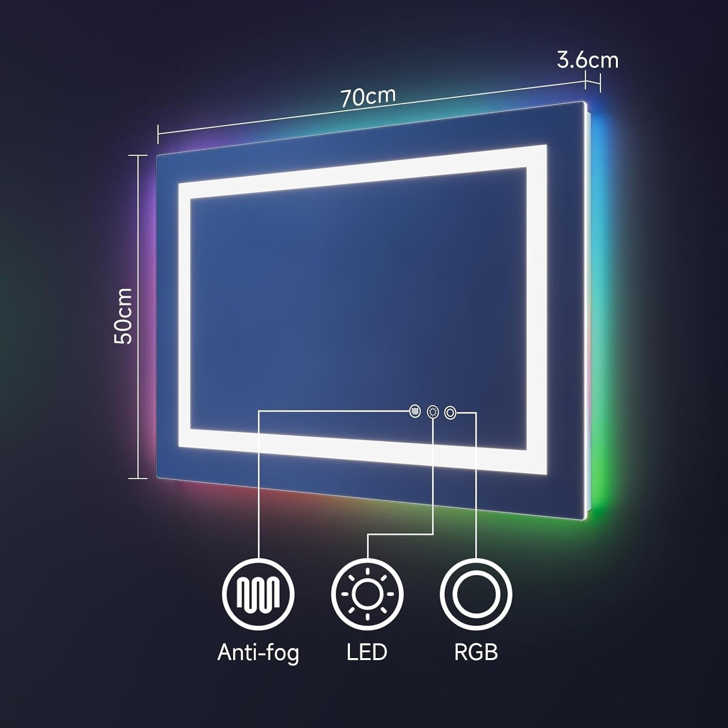 RGB LED Bathroom Mirror 70x50cm Wall Mounted Light Anti-Fog Touch Pad
