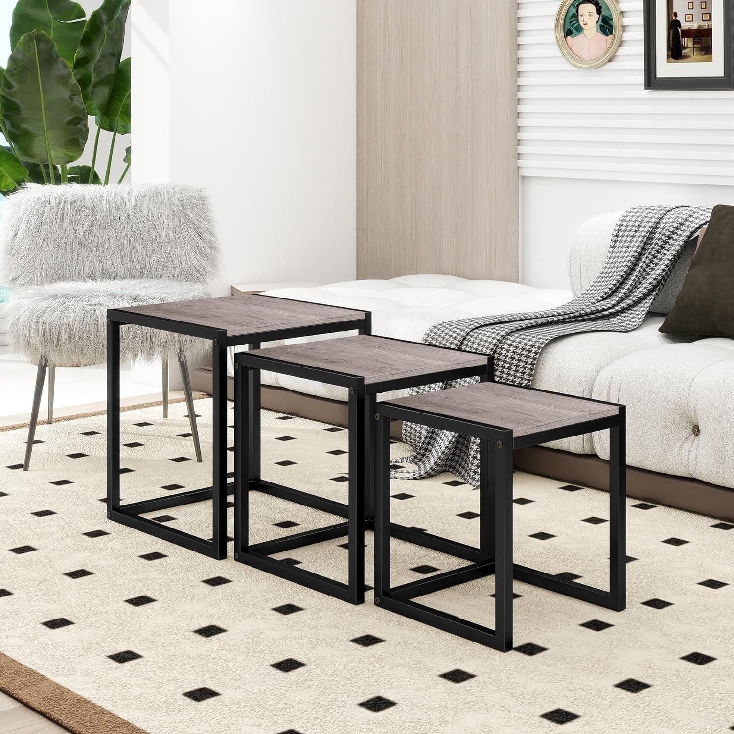 Nesting Coffee Tables Set of 3 Square Side End Table Grey Space Saving Easy Asse