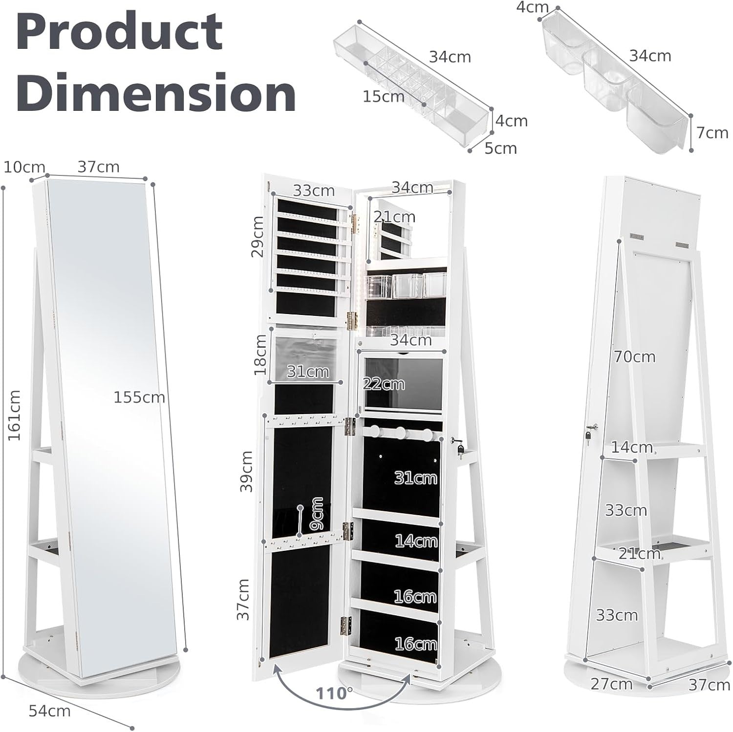 360° Rotating Jewelry Cabinet LED Mirror Lockable Freestanding Organizer
