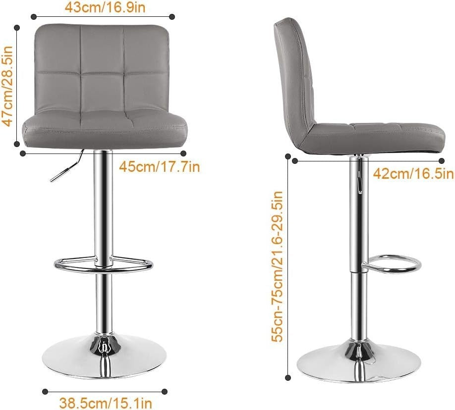 Adjustable Swivel Bar Stools Set of 2 Faux Leather Counter Chairs Grey