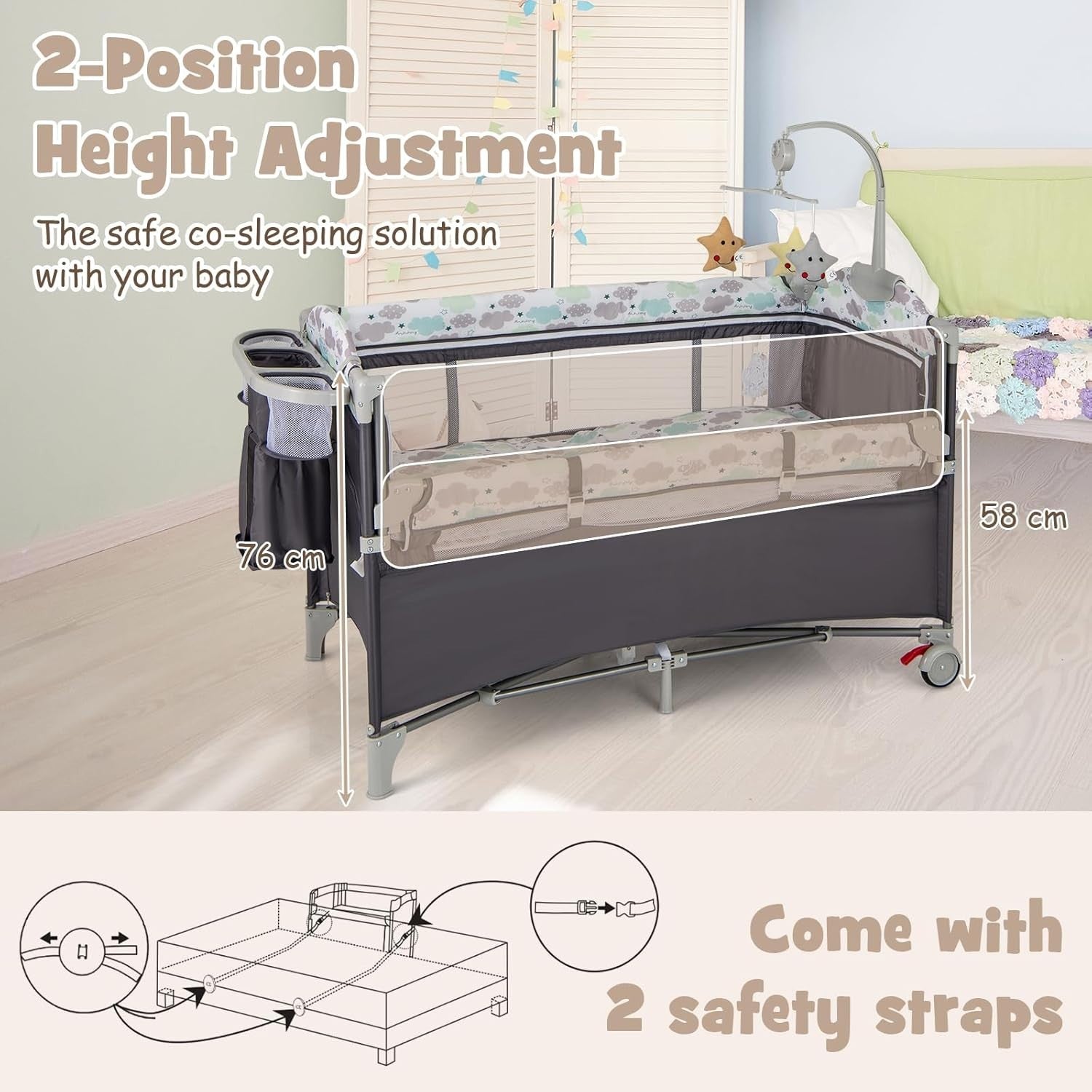 5in1 Baby Travel Cot Bedside Crib Bassinet w/ Mattress Changer Music Toys Grey