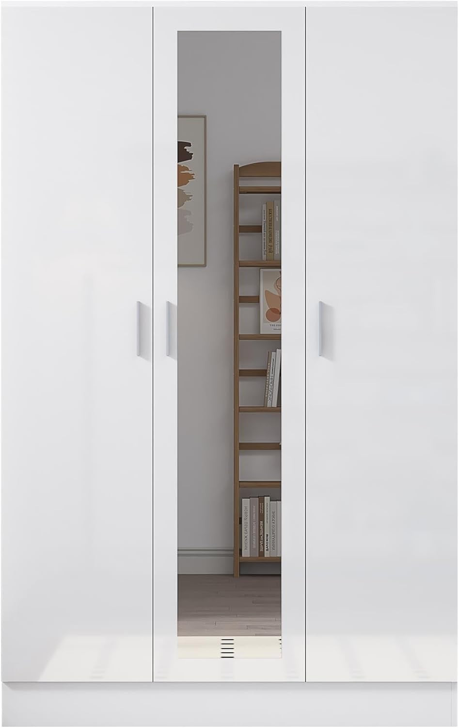 3 Door Mirrored Wardrobe White Gloss with Hanging Rail & 4 Shelves Storage