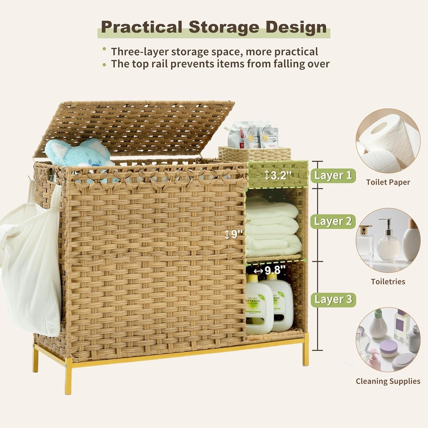 130L Rattan Laundry Hamper 3 Section with Lid 4 Bags Wicker Storage Shelf Unit