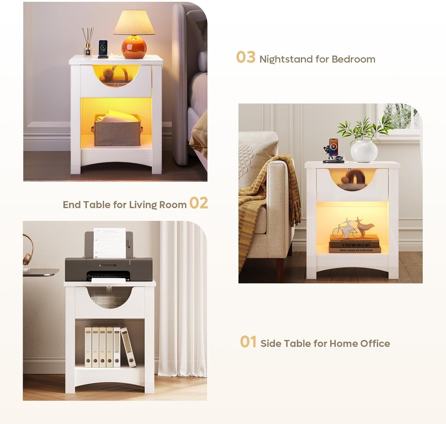 LED Bedside Tables Set of 2 with USB Ports, Drawer Storage & Warm Ambient Light