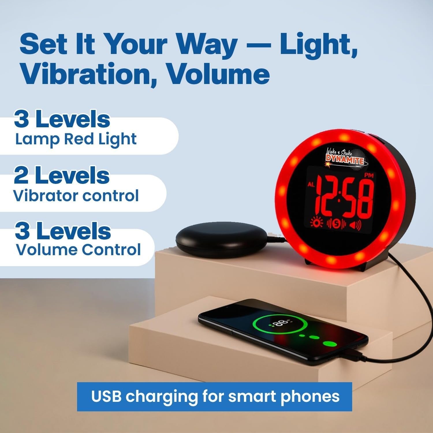 Black Extra Loud Vibrating Alarm Clock Bed Shaker Flashing Light USB